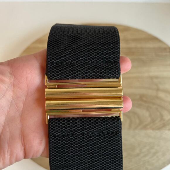 Black Thick Wide Stretchy Golden Slide Buckle Belt Size Small - Picture 2 of 8